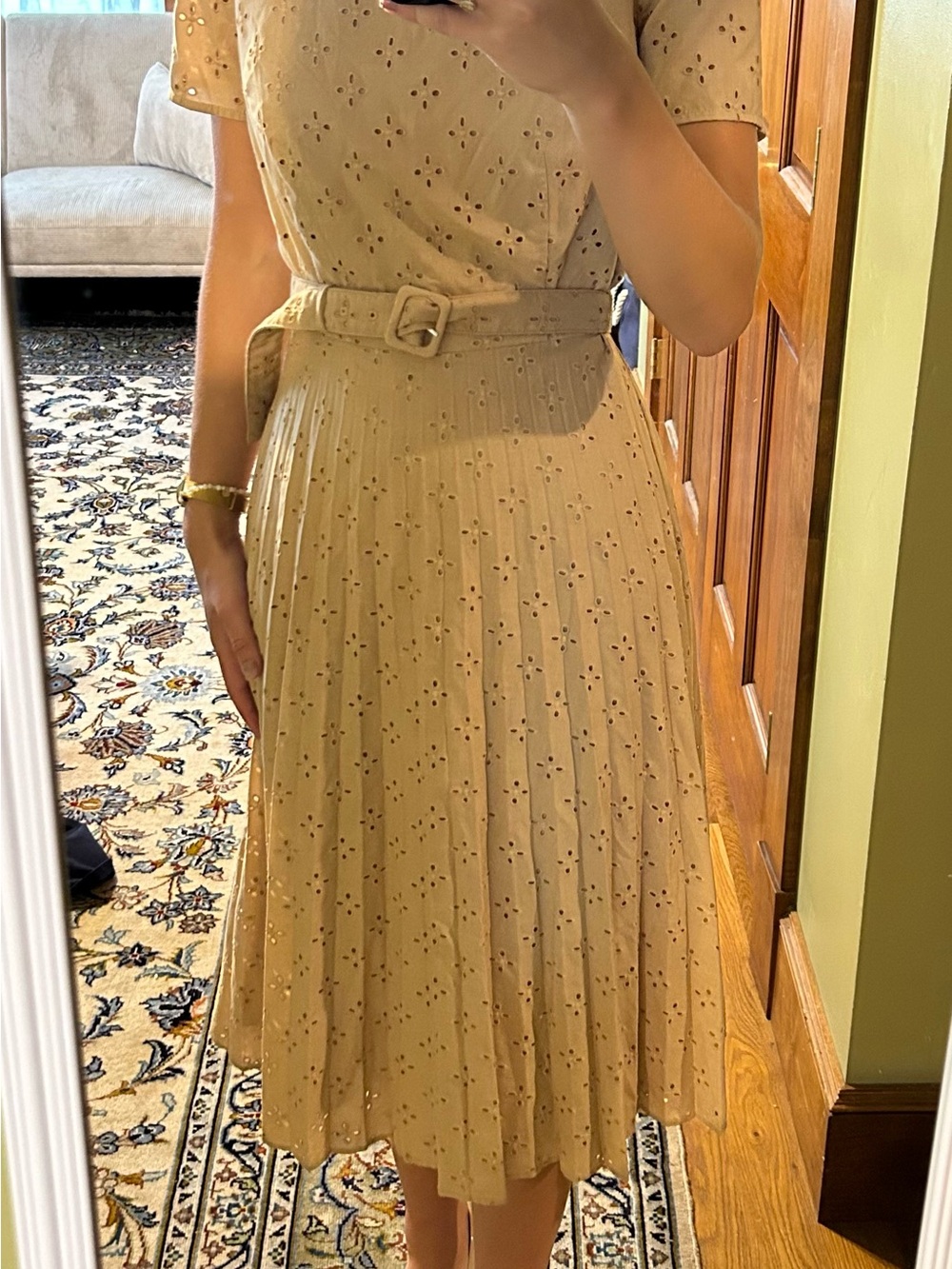 Ann Taylor Mustard Pleated Eyelet Midi Dress - Picture 5 of 10